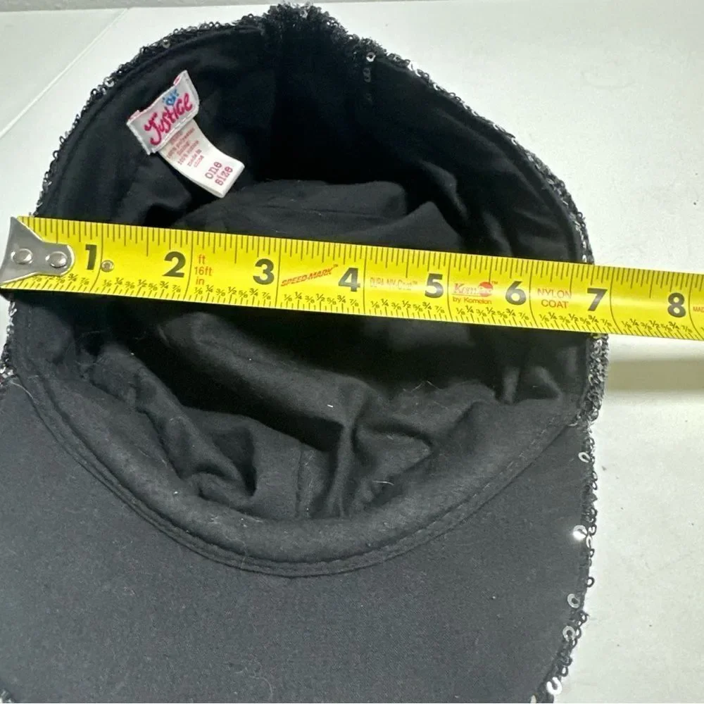 Justice Sequin Black Cadet Style Cap One Size Black Silver Elastic Back
